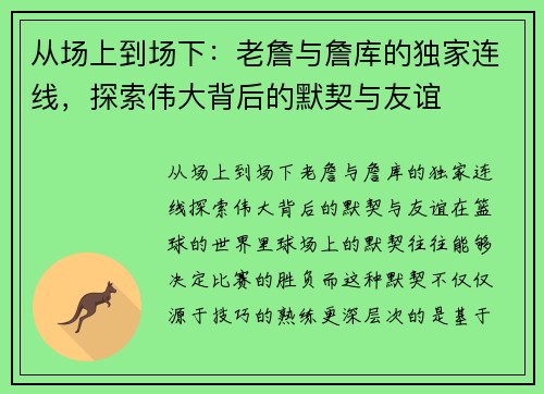 从场上到场下：老詹与詹库的独家连线，探索伟大背后的默契与友谊